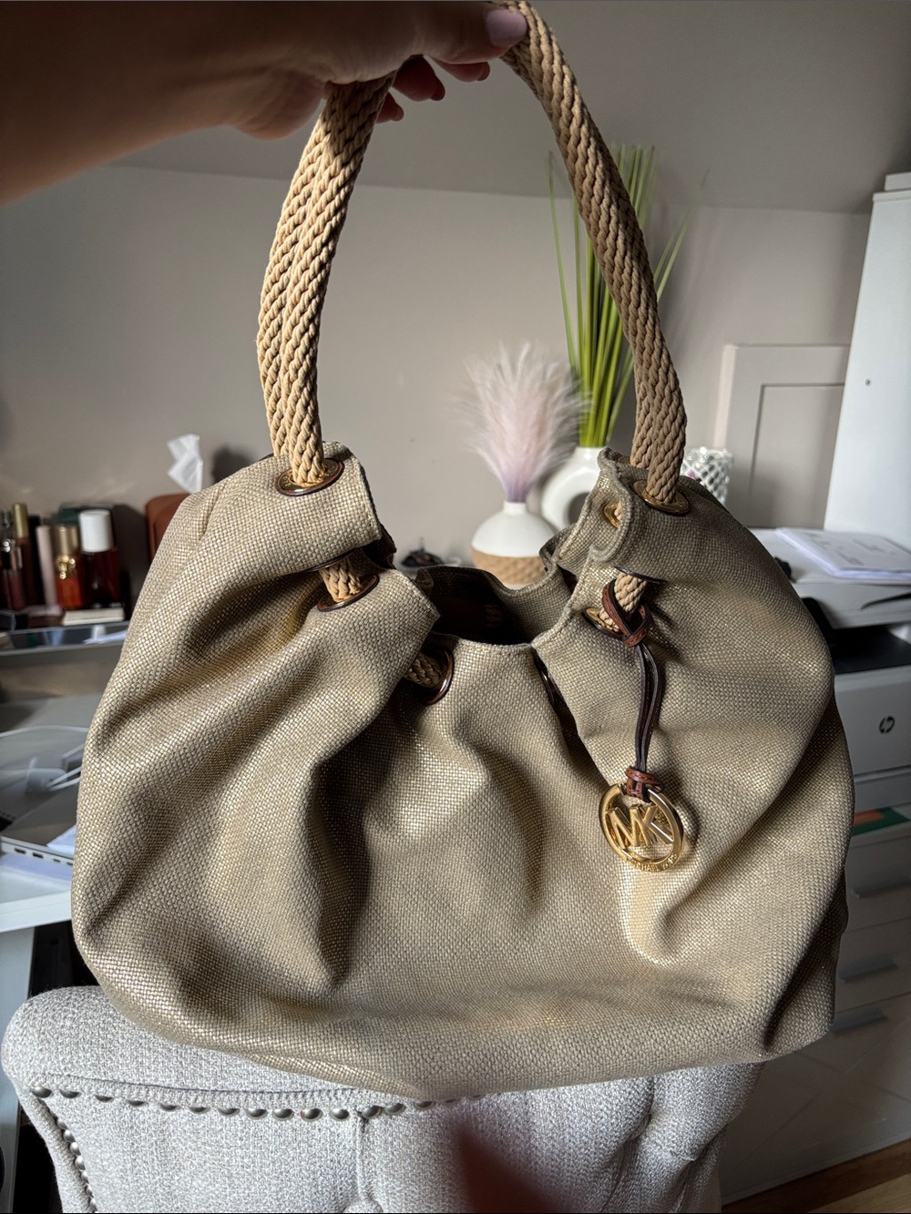 Michael Kors Gold-Tone Logo Beige Canvas Shoulder Bag